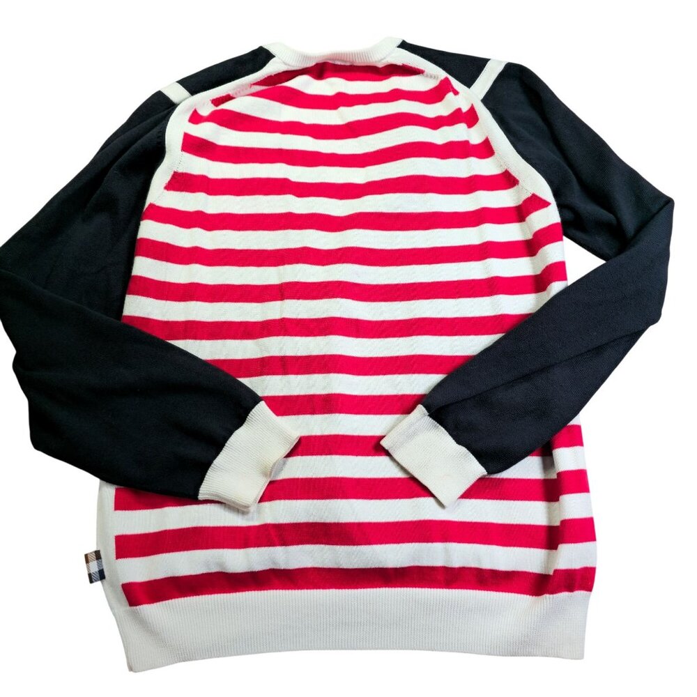Aquascutum Womens V-Neck Sweater L 100% Cotton Navy Red & White - Picture 2 of 7